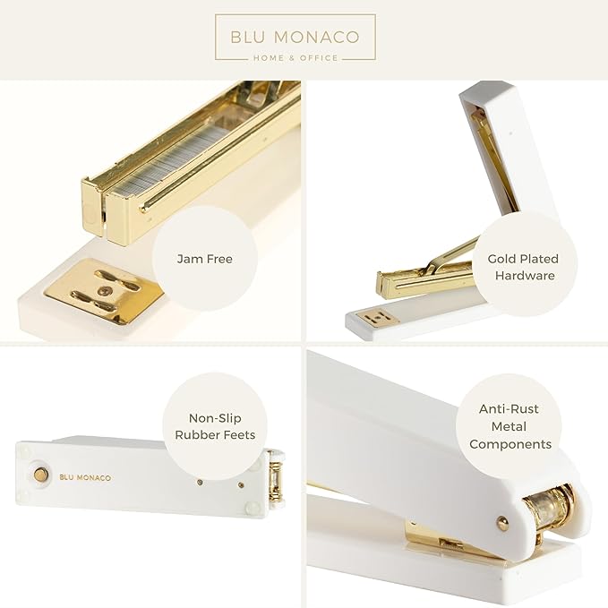 Blu Monaco White and Gold Stapler – Chic Desk Accessory with Smooth Metal Mechanism – Stylish Gold Office Supply for Home, School, and Work – Aesthetic White Essentials for Modern Desks