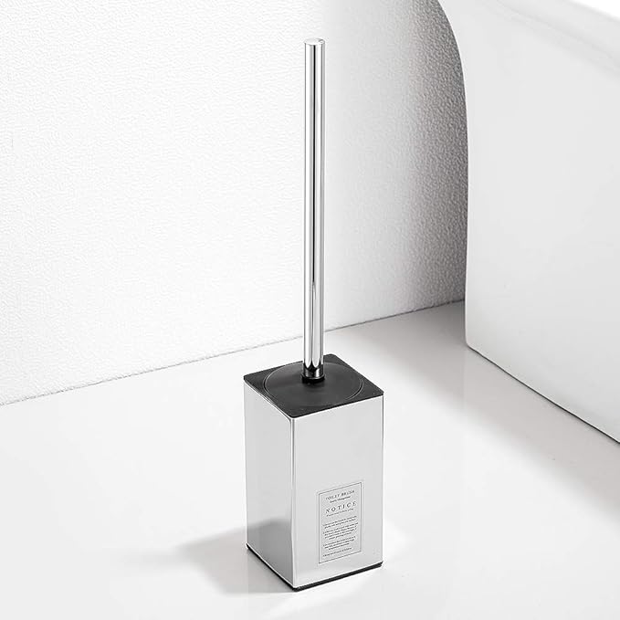 Freestanding Toilet Brush Holder for bathrooms 304 Stainless Steel Toilet Brush Stand Square Storage and Organization Rust Resistant 17-inch high Polished Chrome Finished