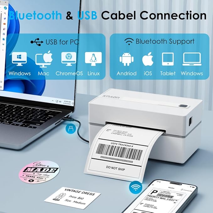 Bluetooth Thermal Shipping Label Printer, 4x6 Portable Thermal Address Label Printer for Small Business, Compatible with iPhone,Android,Windows,Mac,Chromebook –Works with Ebay Shopify USPS&More