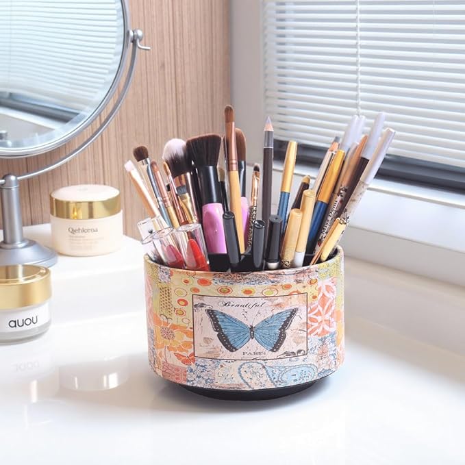 360° Rotate Desk Pen Organizer, Makeup Brush Holder Organizer, Makeup Organizers Countertop, TV Remote Control Holder,Leather Remote Caddy,Dual-Purpose Art Supply Pencil Cup (Blue Butterfly)