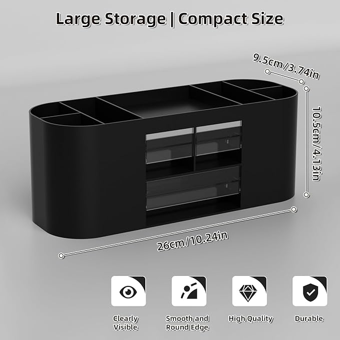 Marbrasse Desk Organizer Pen Holder with 3 Drawers, Multi-Functional Pencil Holder,Desk Organizers and Accessories with 7 Compartments for Home, School, Classroom (Black)