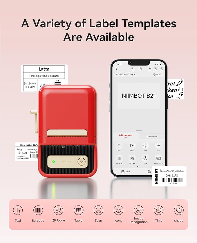 NIIMBOT B21 Label Maker, 2 Inch Portable Thermal Label Printer, Label Maker Machine with Tape, Compatible with Android, iOS & PC,Labeling for Home Storage Office and Small Business,Red