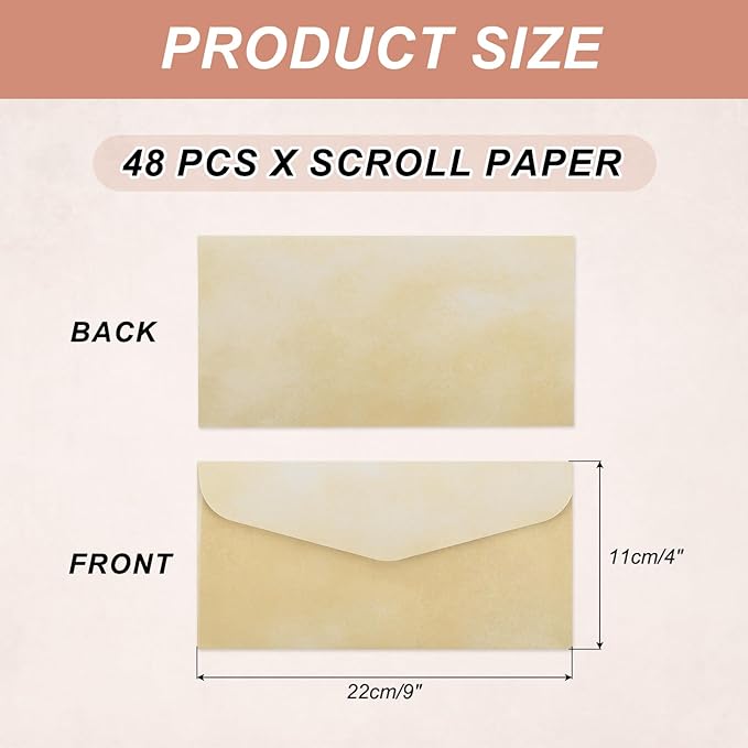 MECCANIXITY 48 Packs Envelopes Vintage Stationery Golden Yellow Stationery Old Fashion Paper for Letter Writing, Invitations, Wedding-9 x 4 Inch