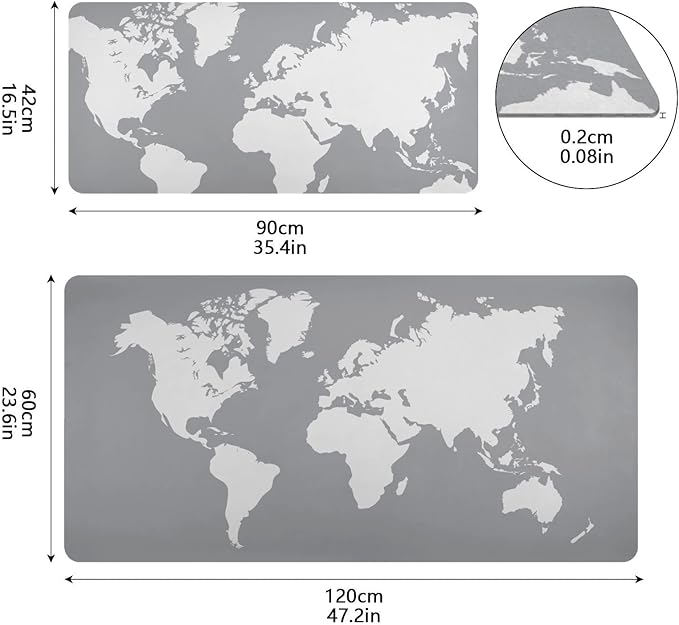 Mouse Pad Desk Mat Leather Desk Pad Large Gaming Desk Cover Protector Mat for Keyboard Computer Laptop Office Waterproof 47.2 x 23.6 Inch World Map Grey