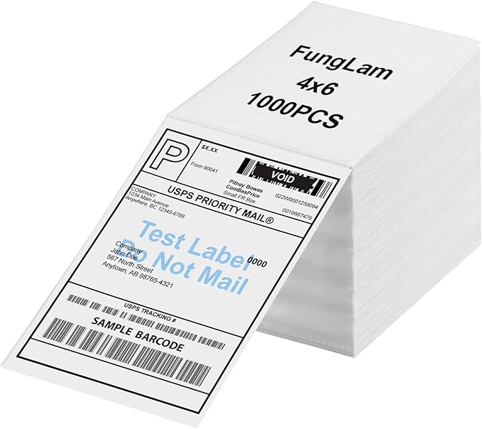 FungLam 4"x6" Shipping Labels, Fanfold, Adhesive - 1000 Direct Thermal Printer Labels