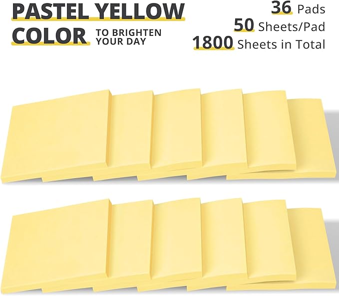 36 Pads Sticky Notes, 3x3 inches, Yellow Soft Pastel Self-Stick Note Pads, Perfect for Office, Study, and Daily Life Organization - 36 Pack