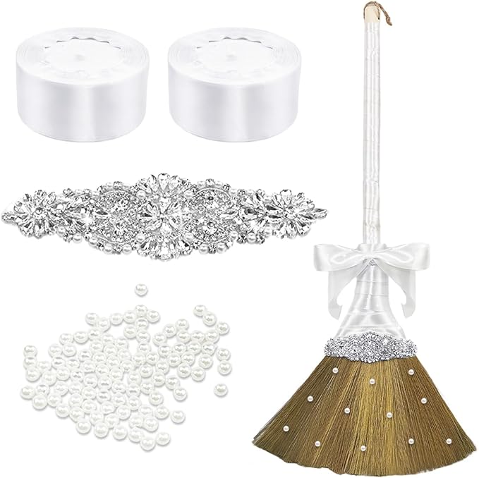 Quaocens Wedding Brooms for Jumping Ceremony,White Whisk Broom Wedding Broom with White Ribbon and Faux Pearls,Whisk Broom Jumping The Brooms for Wedding DIY Wedding Ceremony Crafts