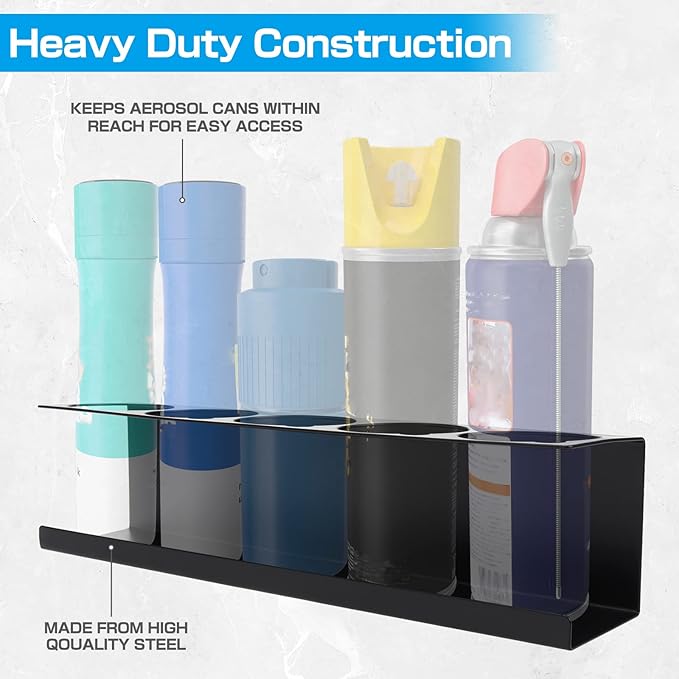 RealPlus Aerosol Spray Can Holder Rack Organizer, 5 Can Spray Bottle Holder Heavy-Duty Steel Wall Mounted for Garage and Workspace, Pack of 2