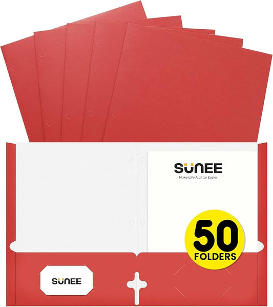 SUNEE Folders with Pockets 3 Hole Punched(50 Pack, Red), 2 Pocket Folders Fit Letter Size Paper, Paper File Folder for School Office Home Business