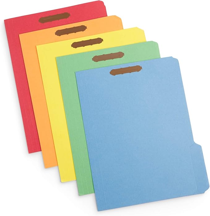 50 Fastener File Folders, File Folders with Fastener 1/3 Cut Reinforced Tab, Durable 2 Prongs for Medical Files, Law Client Files, or Office Reports, Letter Size, Assorted Colors, 50 Pack