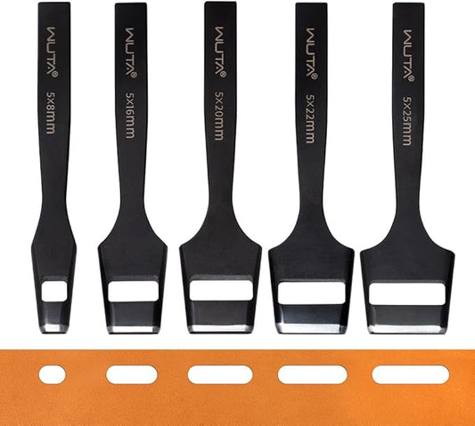 WUTA 5 Pcs Leather Belt Hole Puncher Oval Cutter Strap Watch Band Flat Punches Heavy Duty Oblong Tools for Leathercrafting (5 * 8+5 * 16+5 * 20+5 * 22+5 * 25mm)