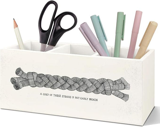 SNNDER Inspirational Christian Bible Verse Pen Holder for Desk, a Cord of Three Strands is Not Easily Broken Scripture Wooden Pen Pencil Holder Organizer for Home Office Desk Accessories