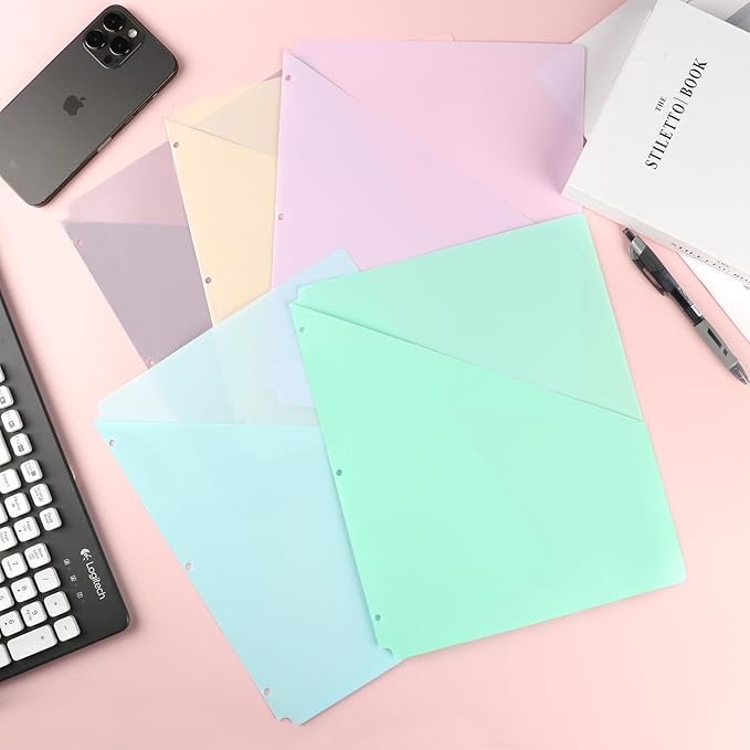 20 Pack Binder Pocket Letter Size Clear Plastic Document Folders File Folders Plastic 3 Hole Punch Binder Folders Binder Dividers with Pockets Binder Folders Side Loading 11x8.9 inch Assorted Colors