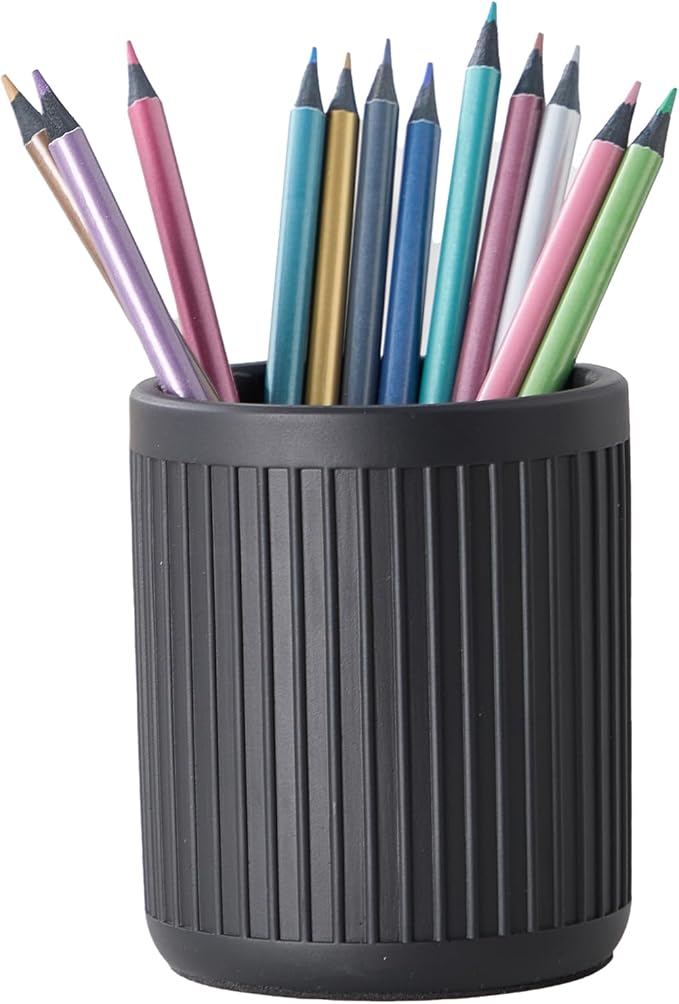 Aesthetic Charcoal Black Pen Holder for Desk - Concrete Modern Sturdy Black Pencil Holder for Desk- Cement Fluted Pen Cup Organizer - Minimalist & Modern Industrial Aesthetics to Office Decor