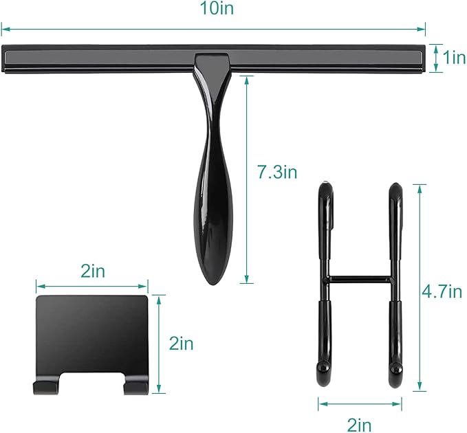 steauty Shower Squeegee for Glass Doors,10-Inch Shower Glass Squeegee, Matte Black Shower Squeegee for Shower Doors,Mirror,Windows, with Shower Door Hook and Adhesive Hook