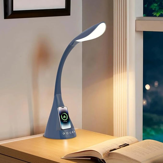 LED Desk Lamp with USB Charging Port, Dimmable Reading Light Touch Control and Eye Protection, Adjustable Brightness Table Lamp for Home Office Bedroom (Blue)