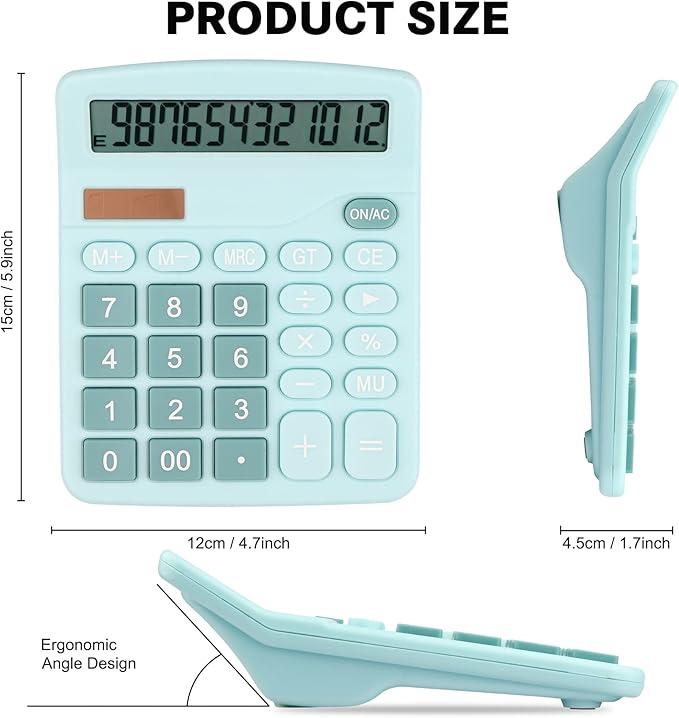 Desk Calculator, Envysun 12-Digit LCD Display Office Calculator – Dual Power, Compact and Lightweight, Easy-to-Read Display, Durable for Business, School, and Home (Light Blue)