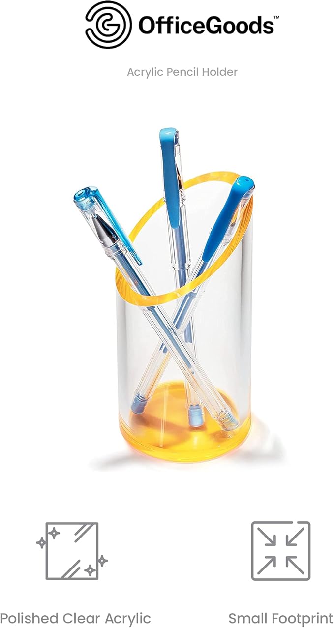 OfficeGoods Acrylic Pen & Pencil Holder - Modern Cylinder Design - Beautiful Desk Organizer for Home or Office - Contrasting Base & Rim - 5.25” H x 2.5” W - Neon Tangerine