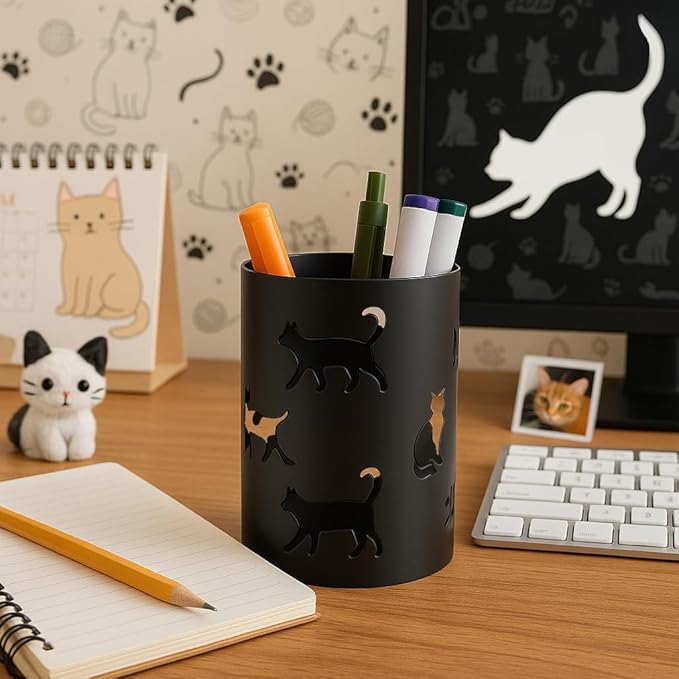 Mango Steam Metal Pen Holder, Makeup Brush Cup Organizer for Office, Bathroom, Vanity (Black, Cat)