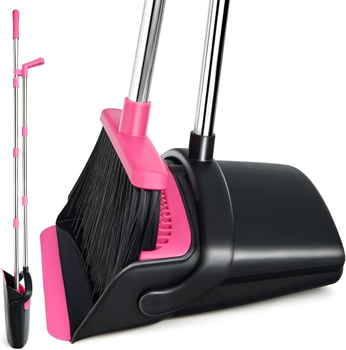 XXFLOWER Broom and Dustpan Set, Long Handle Lightweight Dustpans with Broom Combo for Home, Indoor&Outdoor Sweeping for Home Room Kitchen Office Lobby (Black Pink)