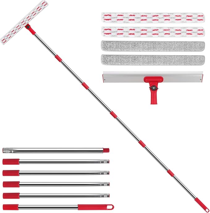 Wa.IE Jiemi 2-in-1 Professional Window Squeegee, 86.6'' Window Cleaner Tool with 6-Section Extension Pole, Window Cleaning Kit with 4 Microfiber Cloth, Window Washing Equipment for in/Outdoor Windows