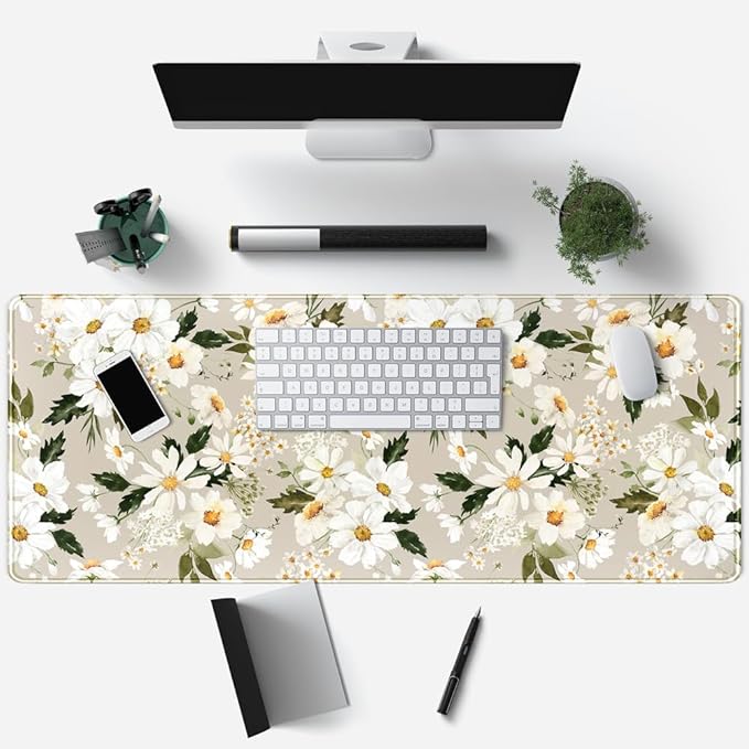 Daisy Floral Daisies Large Mouse Pad Watercolor Flowers Desk Mat, Washable Mousepad LYC Cloth Stitched Edges Women Girls Gaming Mousepad Computer Pc Laptop Desk Mat 31.5 X 11.8 in