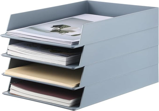 Wenqik 4 Pcs Stackable Paper Trays Rectangular Plastic Desk Holder Desktop Document File Organizer Storage Letter for Office Classroom (Gray)