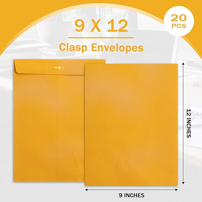 20 Pack Clasp Envelopes 9 x 12, 100 GSM Heavy Paper, Goefun Large Yellow Manilla Envelopes 9 x 12 with Clasp Closure and Gummed Seal