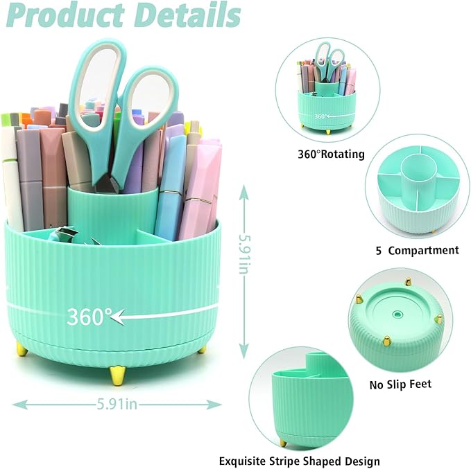 Green Desk Accessories, Rotating Pen Holder Set,Green Office Supplies with Stapler and Tape Dispenser Set, Gifts for Office Clerks,Student