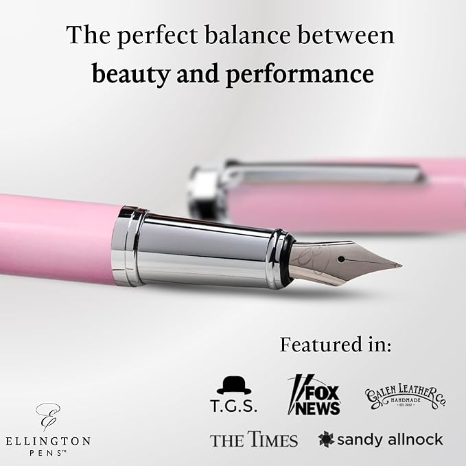 Ellington Pens Luxury Fountain Pen Set - Smooth Medium Nib - Includes 3 Ink Cartridges, Refillable Ink Converter, Gift Box - Fountain Pens For Writing, Calligraphy, Journaling, Sketching (Rosy Flair)