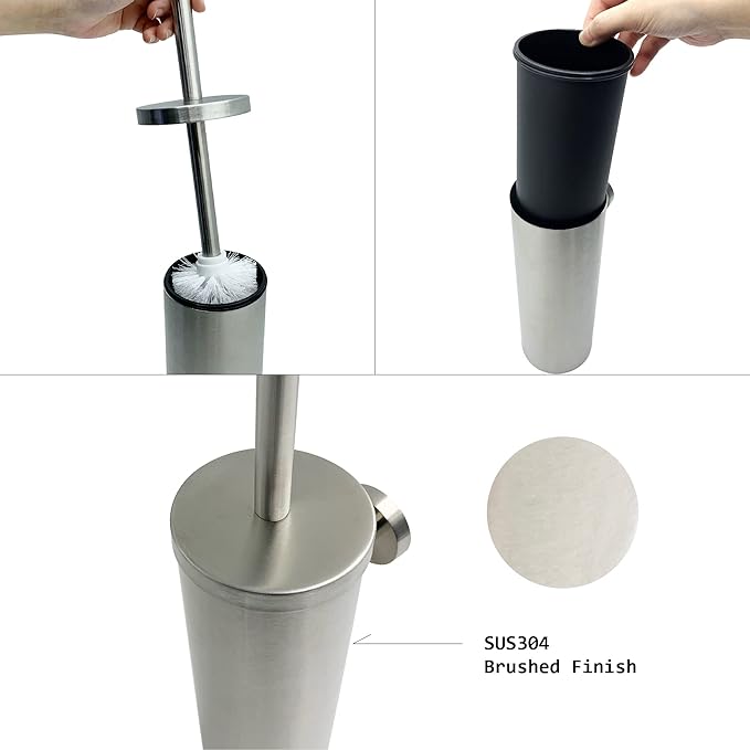 SUNERA 304 Stainless Steel Toilet Brush Holder Toilet Bowl Brush, Wall Mount Bathroom Toilet Bowl Scrubber Brush with Stiff Bristles for Deep Cleaning