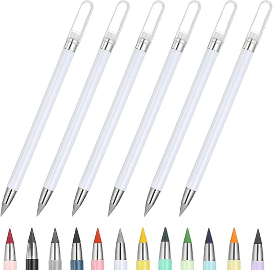 PATIKIL Forever Pencil, 6 Pcs Mechanical Sharpened Cute Metal Pencils Set for Coloring Book Sketch Drawing Writing Art Beginner, White