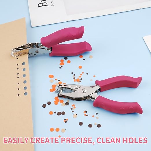 Single Hole Punch, 2 Pcs Hand Hole Puncher with Soft Grip Handle, 1/4" and 1/8" Small Hole Paper Punch for Crafts, Scrapbooks, 6 Sheets Capacity, Tags, Tickets - Rose red