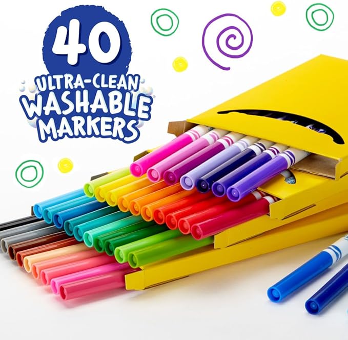Crayola Ultra Clean Fine Line Washable Markers for School (40ct), Colored Markers for Kids, Coloring Book Art Supplies, Back to School Supplies for Teachers