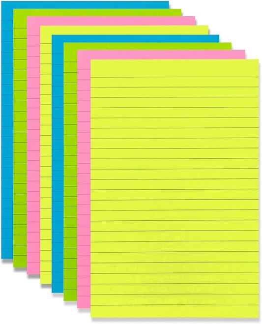 8 Pads Lined Sticky Notes 5 x 8 in, Bright Colors, Colorful Large Sticky Notes with Lines Self-Stick Note Pads for Home Office School Supplies, 50 Sheets/Pad, 400 Sheets Total, 4A 5084-N-Lx2