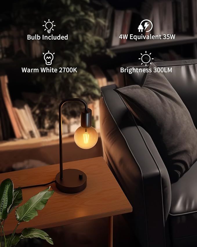 ONEWISH Industrial Table Lamp with 2 USB Port, Fully Dimmable Nightstand Bedside Lamps for Bedroom,Desk Lamps with 2700K Black Gradient Bulb for Reading Living Room,Office