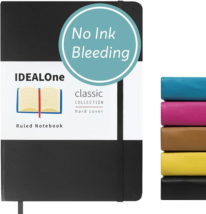 IDEALOne Hardcover Journal Lined–A5 (5.7x8) small notebook, College Ruled Journaling Notebooks,160 pages, 100GSM Thick Paper, Journal for Women, Men, Teens - Black