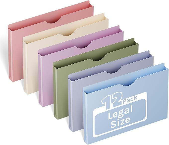 ANSOOK Plastic File Jackets,1" Legal Size Manilla Folders,12 Pack Expanding File Folder,Expansion Pocket,File Cabinet Folders,Reinforced Straight Cut Tab,Morandi Color Manila Folder for Office Home