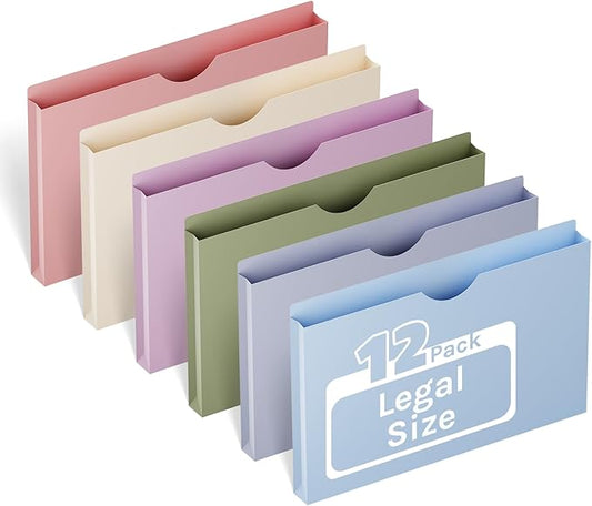 ANSOOK Plastic File Jackets,1" Legal Size Manilla Folders,12 Pack Expanding File Folder,Expansion Pocket,File Cabinet Folders,Reinforced Straight Cut Tab,Morandi Color Manila Folder for Office Home