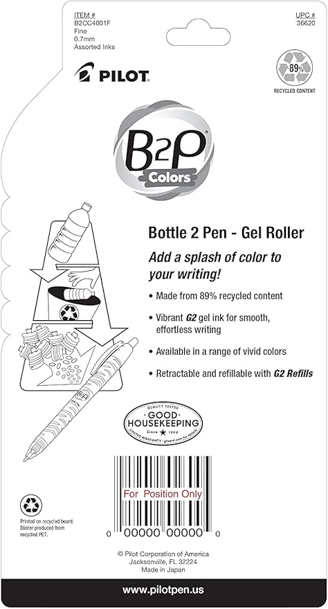PILOT B2P Colors - Bottle to Pen Refillable & Retractable Rolling Ball Gel Pen Made From Recycled Bottles, Fine Point, Assorted Color G2 Inks, 4-Pack (36620)