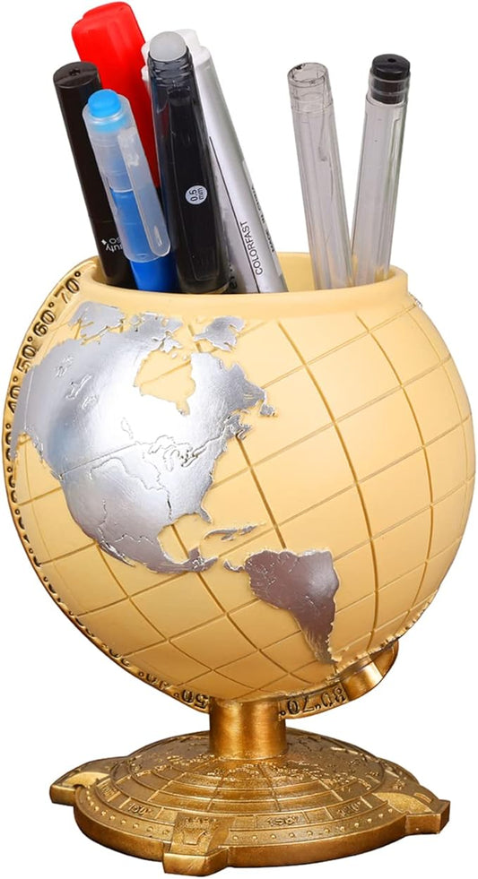 Globe Pen Holder Desk Decor Organizer Cute Cool Fun Vintage Pencil Cups Gifts for Teacher Kids Men Desk Accessories for Office Home School (Light Yellow)