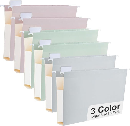 Y YOMA Legal Size - 6 Pack Extra Capacity Hanging File Folders Accordion Decorative Reinforced File Folder Cute Colored Expandable Folder for Office Home with 1/5-Cut Adjustable Tabs, Morandi Color