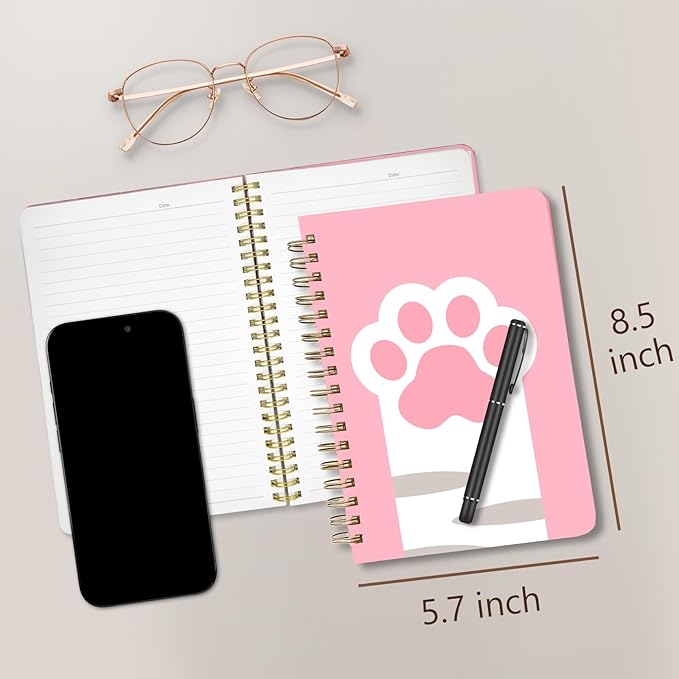 Cute Spiral Notebook journal A5 Aesthetic Pretty Floral Design for Women Girls Kawaii with Pocket, 8.5 x 5.7 inch, Pink Cat Paw
