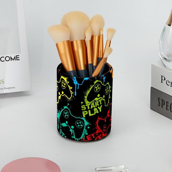 PVC Leather Circular Pen Holder for Desk Abstract Colorful Joystick Game. Pencil Organizer Holder Makeup Brush Holder with Flannel Lining Office Desk Organizer