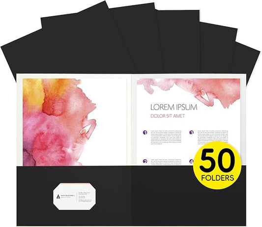 50Pcs Black Two-Pocket Heavyweight File Folder,Letter Size,Paper File Folder for School Office Home Bussines