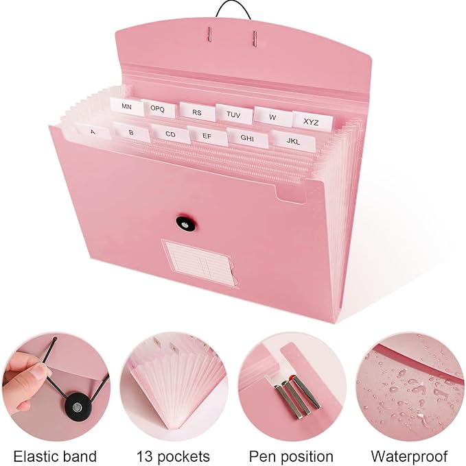 Pink Expandable File Folders, Expanding Receipt Organizer, Accordion Folder File Folders, Important Document Organizer, Accordion Folder for Office/School (Pink)