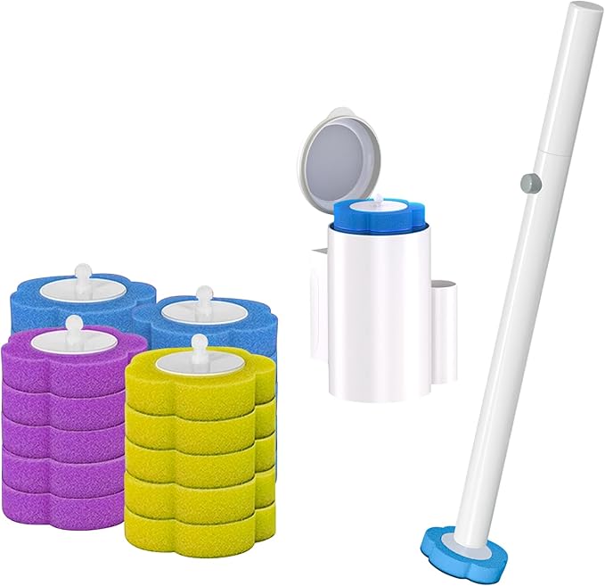 Dexmary Disposable Toilet Brush Set with Holder, Angled Cleaning Wand with 24 Refill Heads, Wall-Mounted Hygienic Toilet Cleaner (Ocean, Lemon, Lavender Scents)