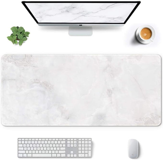 Auhoahsil Large Mouse Pad, Full Desk XXL Extended Gaming Mouse Pad 35" X 15", Waterproof Desk Mat w/Stitched Edges, Non-Slip Laptop Computer Keyboard Mousepad for Office and Home, White Marble Design