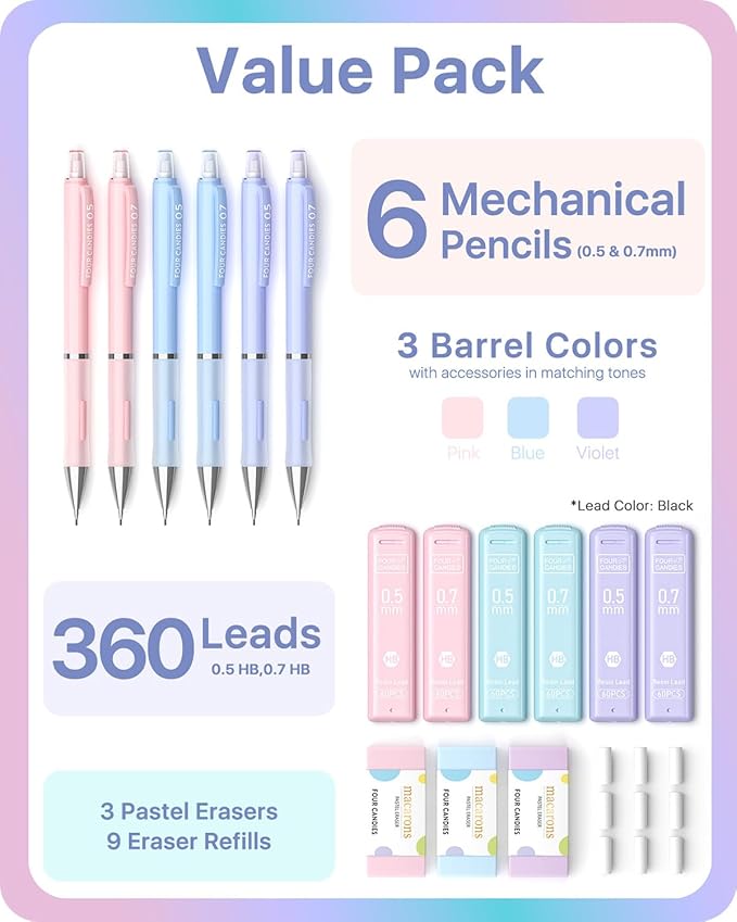 Four Candies Cute Mechanical Pencil Set, 6PCS Pencils 0.5 mm & 0.7mm with 360PCS Lead Refills, Pastel Erasers, Case for School Supplies