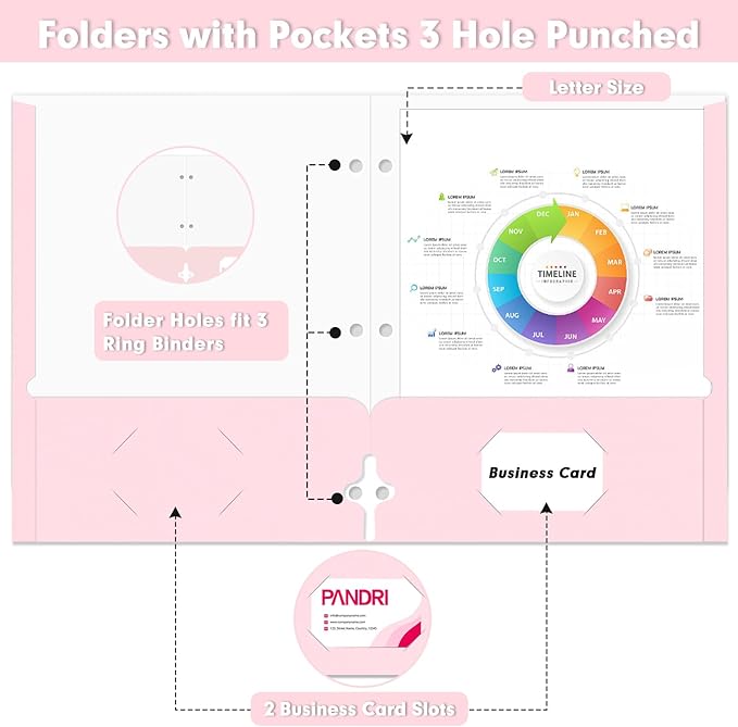 Two Pocket Portfolio Folders, PANDRI 60 Pack 3 Hole Punched 2 Pocket Folders for 3 Ring Binder, Letter Size Paper File Folder for School Office Home Business, Pink